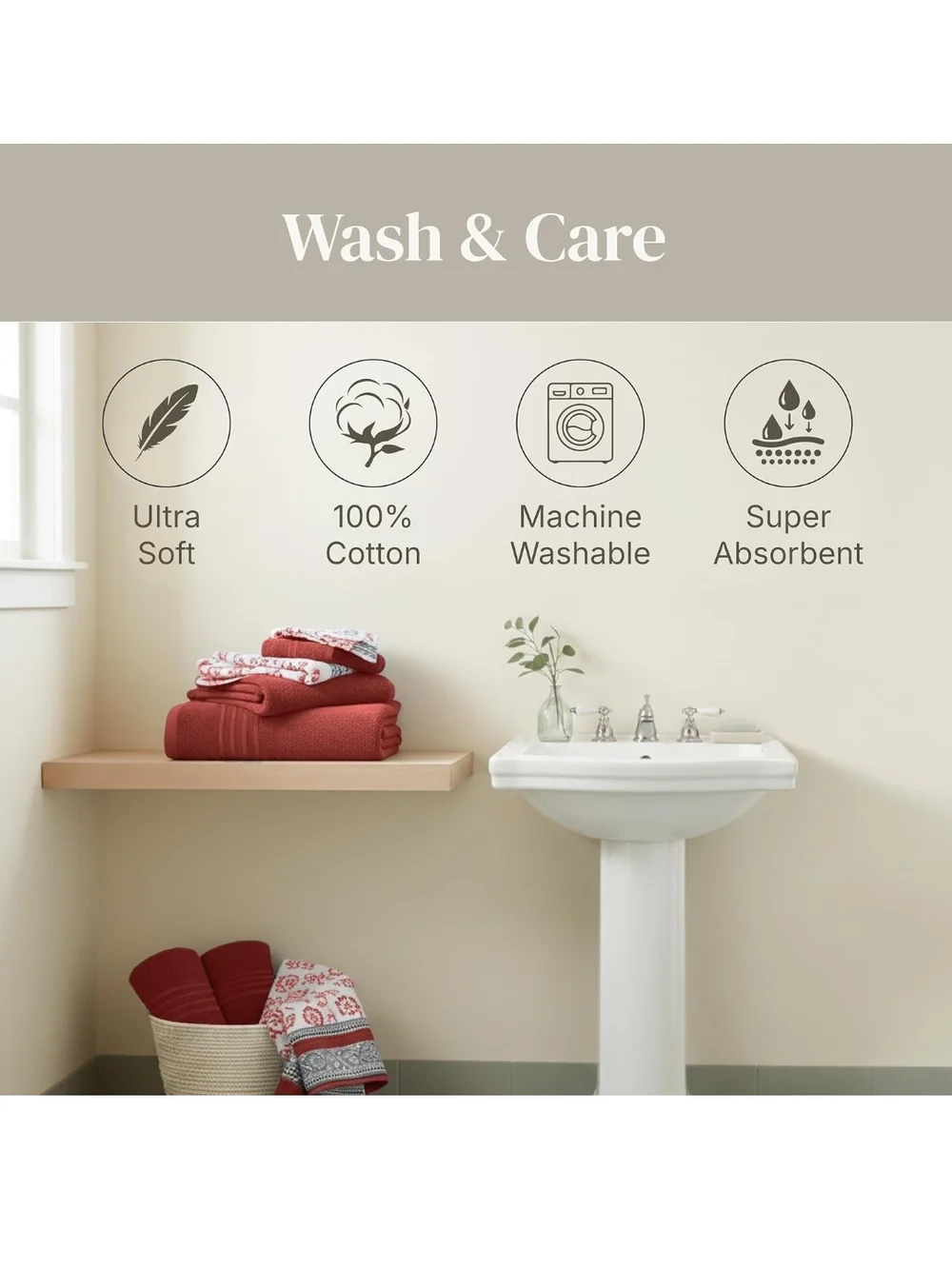 Rust Floral Cotton Towel Set - Soft Absorbent Bath Linens 6pcs